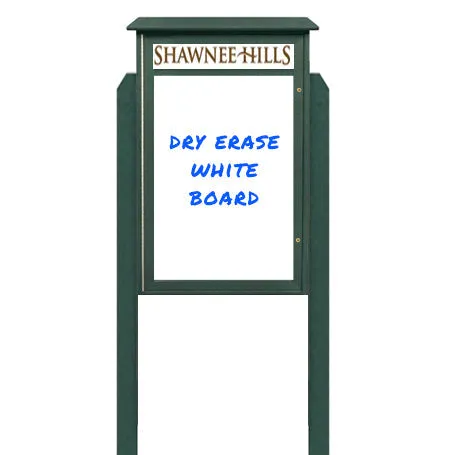 24" x 60" Standing Outdoor Message Center Magnetic White Dry Erase Board with Header (Single Door)