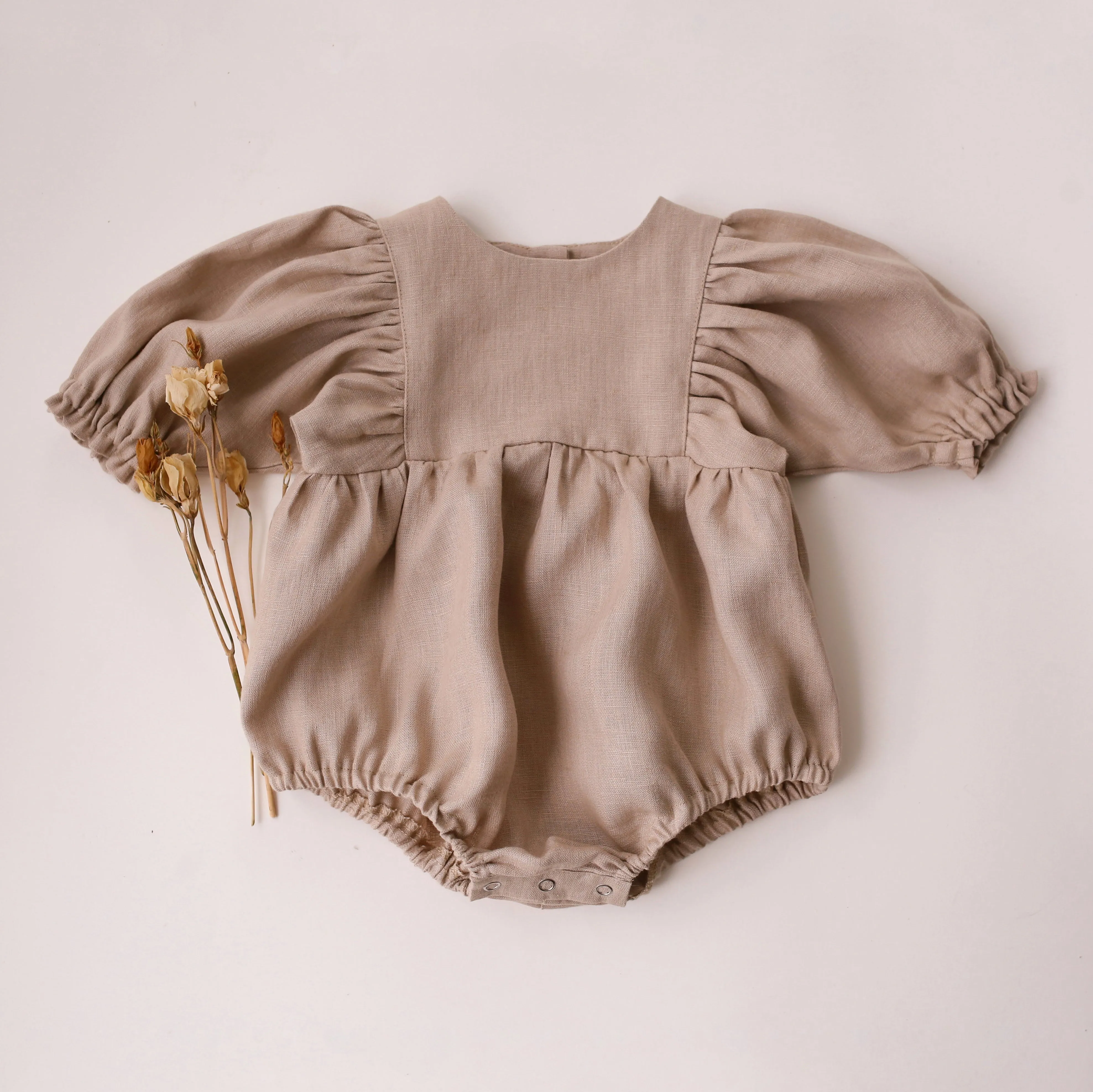 Beige Linen Puff Sleeve Bubble Playsuit