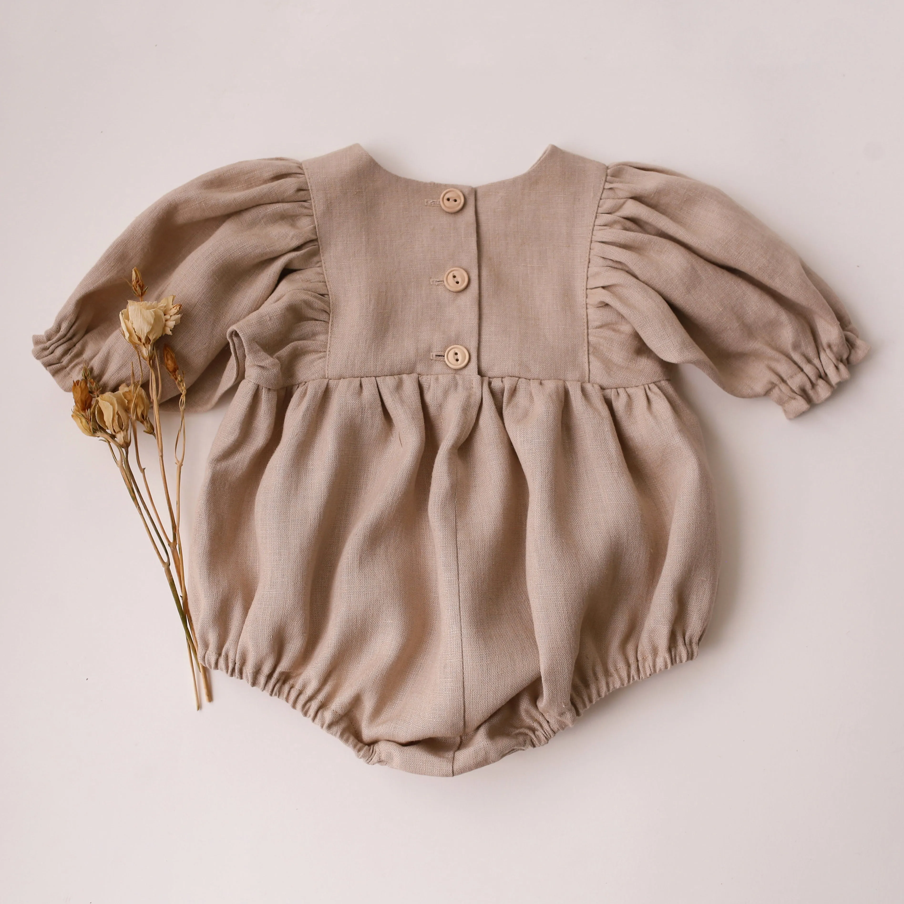 Beige Linen Puff Sleeve Bubble Playsuit
