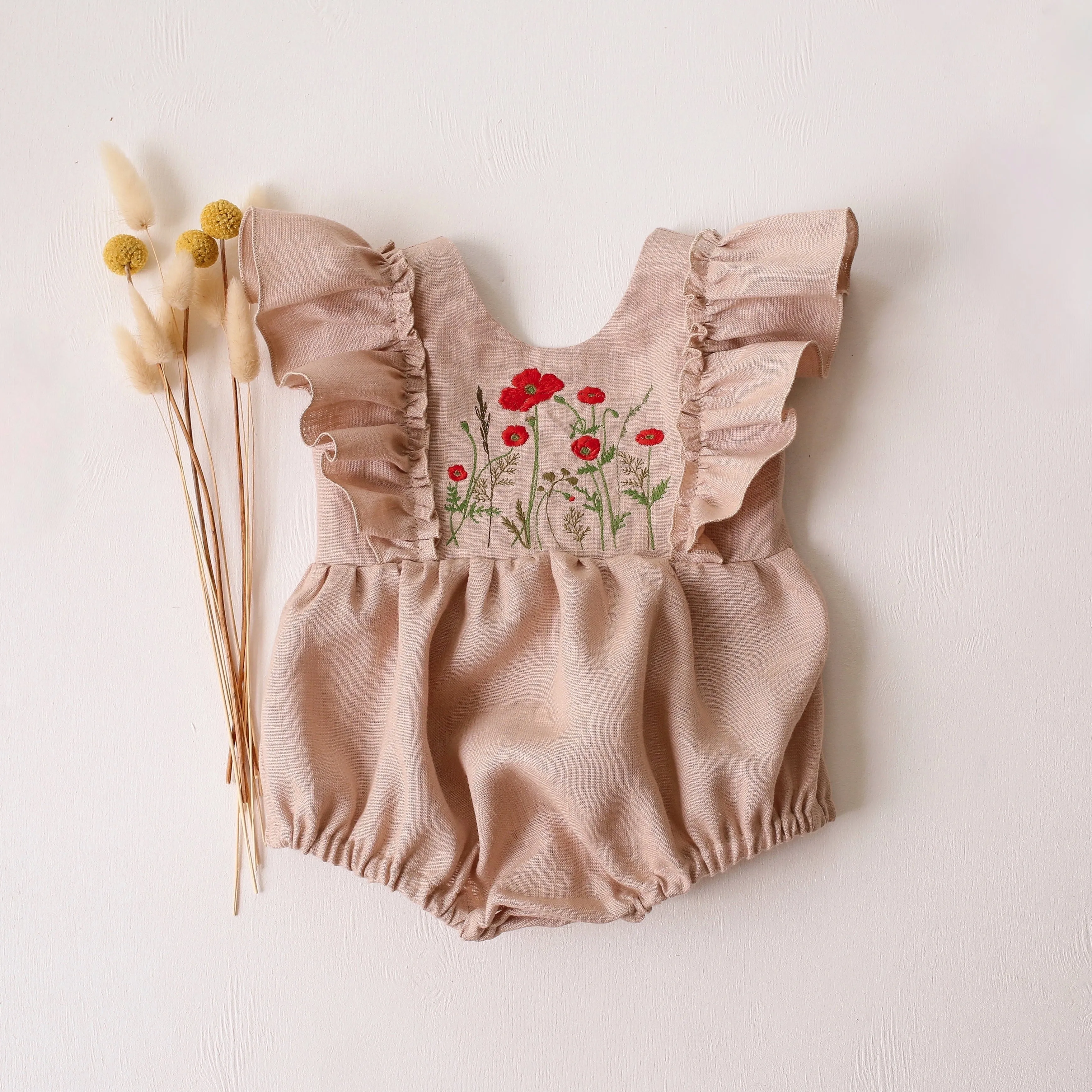 Beige Linen Ruffled Front Bubble Playsuit with Poppy Meadow Embroidery