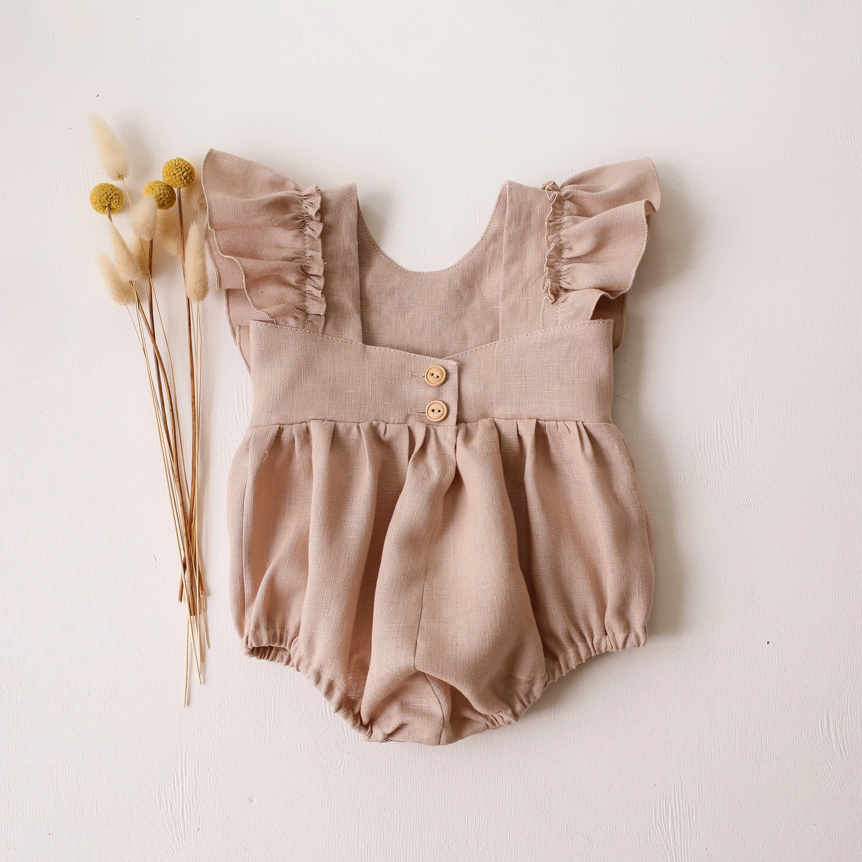 Beige Linen Ruffled Front Bubble Playsuit with Poppy Meadow Embroidery