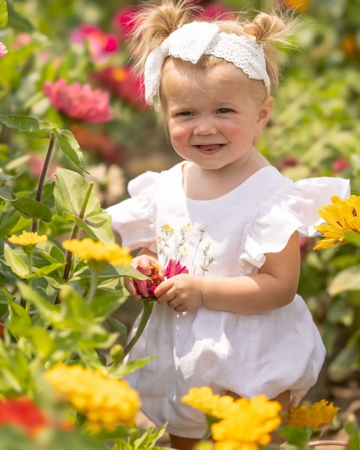 Beige Linen Ruffled Front Bubble Playsuit with Poppy Meadow Embroidery
