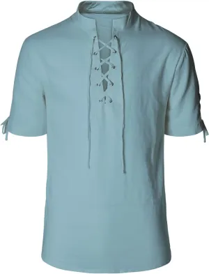 Men's Pirate Shirt Renaissance Medieval Viking Shirt Linen Short Sleeve Lace Up Top Halloween Costume