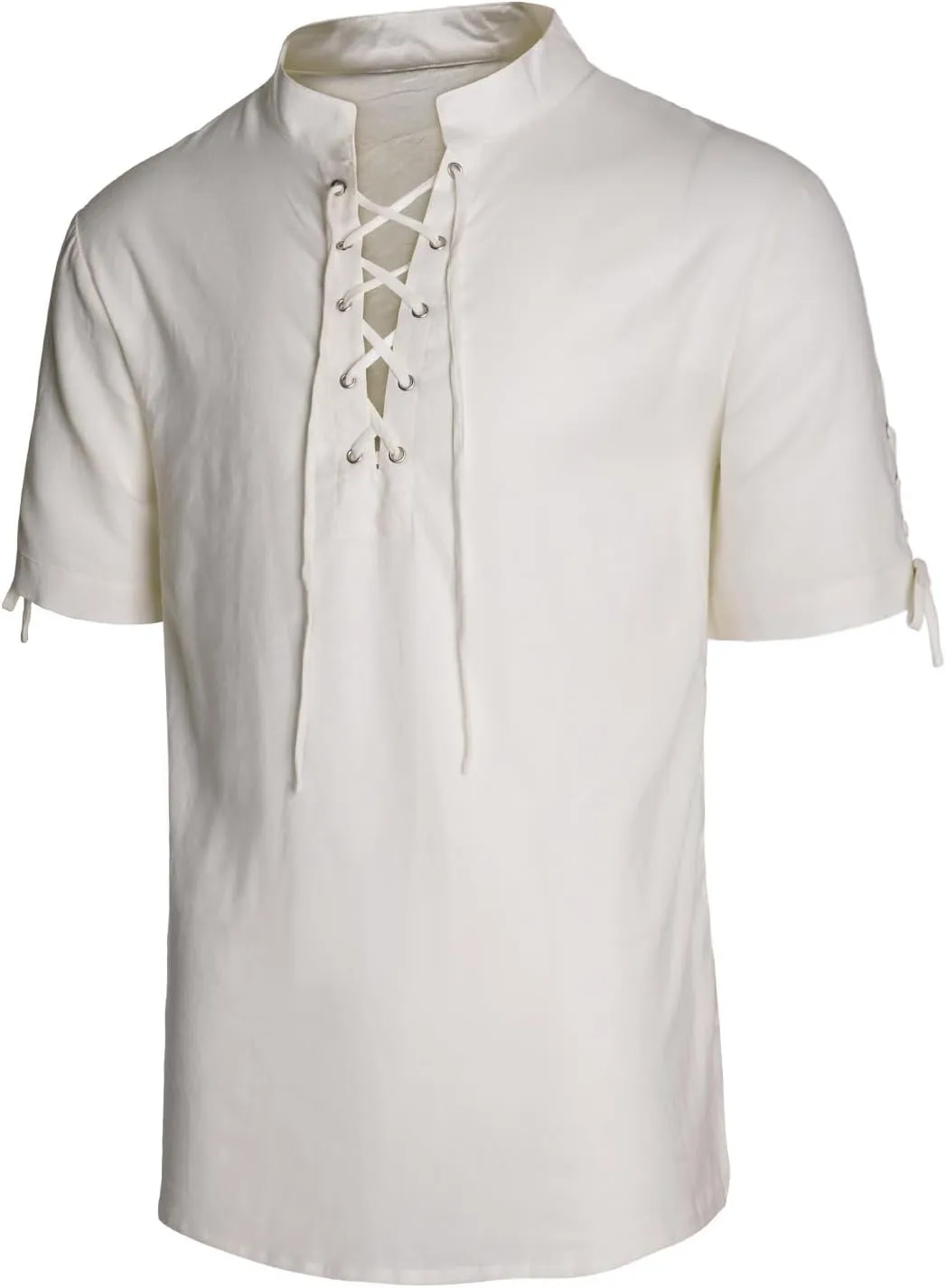 Men's Pirate Shirt Renaissance Medieval Viking Shirt Linen Short Sleeve Lace Up Top Halloween Costume