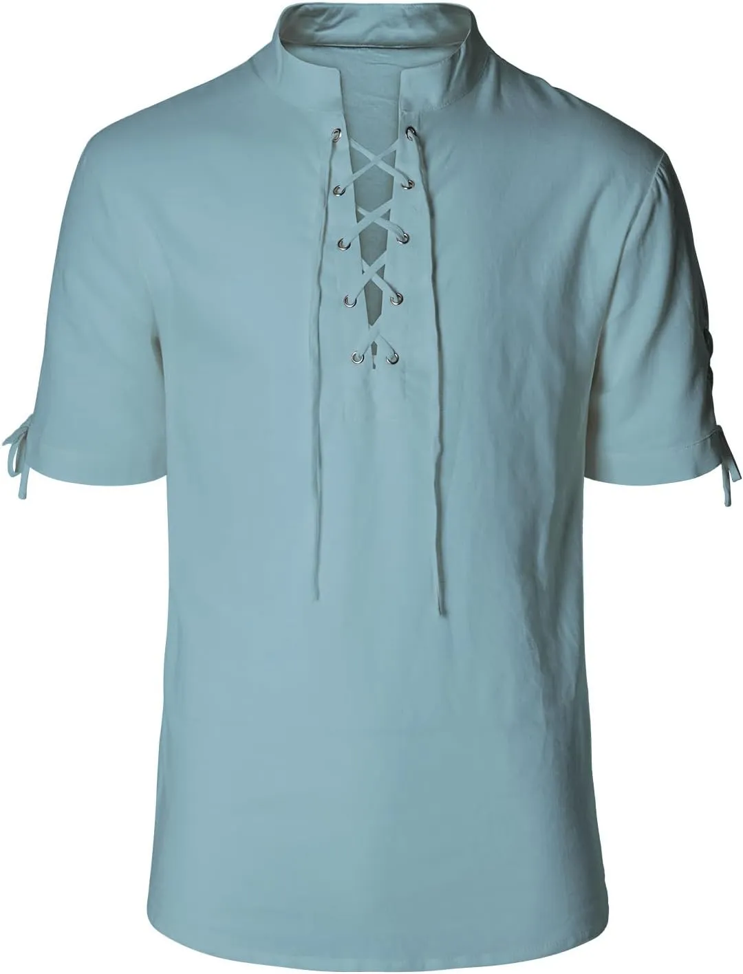 Men's Pirate Shirt Renaissance Medieval Viking Shirt Linen Short Sleeve Lace Up Top Halloween Costume