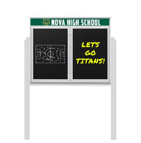 Outdoor Message Center Magnetic Black Dry Erase Board - 52" x 40" | Double Door with Header and Posts