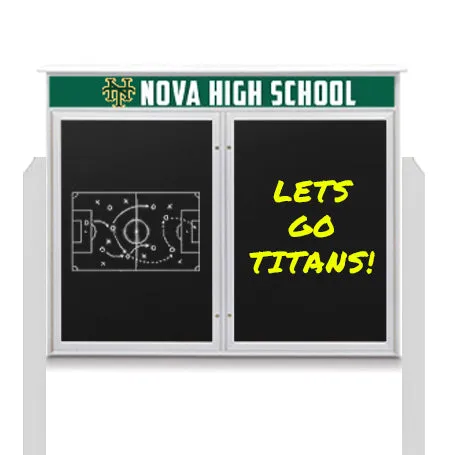 Outdoor Message Center Magnetic Black Dry Erase Board - 52" x 40" | Double Door with Header and Posts