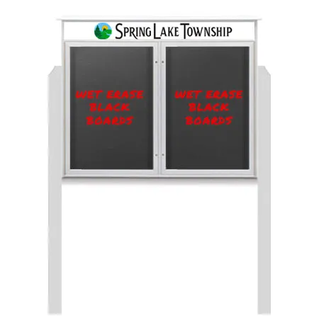 Outdoor Message Center Magnetic Black Dry Erase Board - 60" x 24" | Double Door with Header and Posts