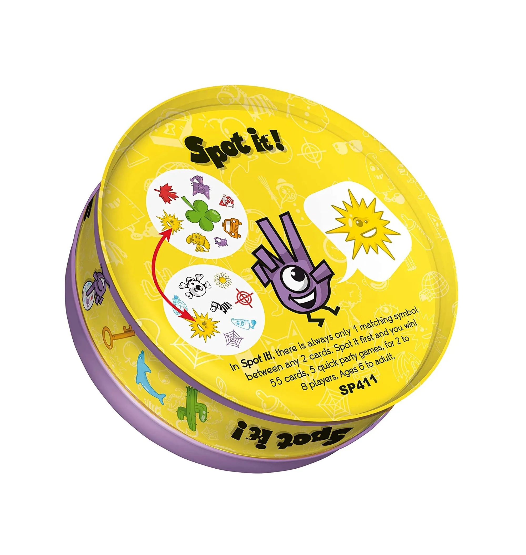 Spot It! Classic Card Game Game for Kids Age 6  2 to 8 Players Average Playtime 15 Minutes Purple and Yellow Packaging Made by Zygomatic