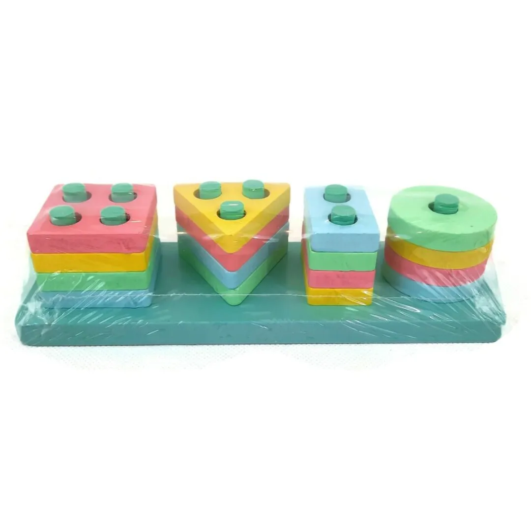 Wooden 4 Column Geometric Shapes Pastel Colors Blocks in Box