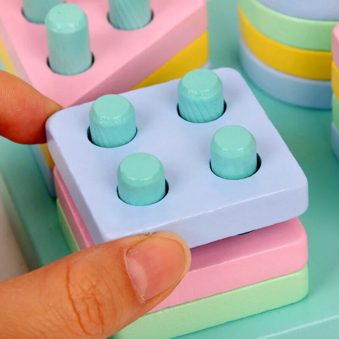 Wooden 4 Column Geometric Shapes Pastel Colors Blocks in Box